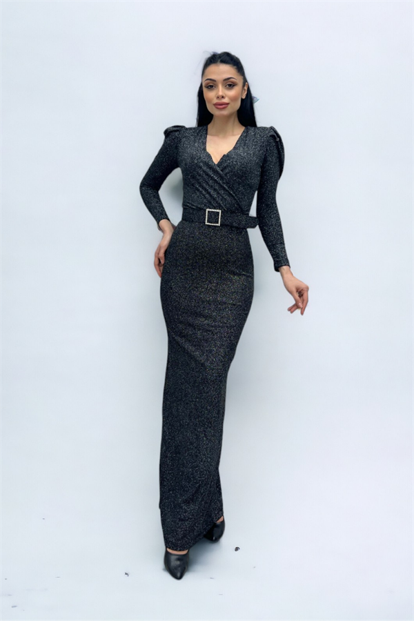 فستان بحزام بياقة مزدوجة الصدر - فضة