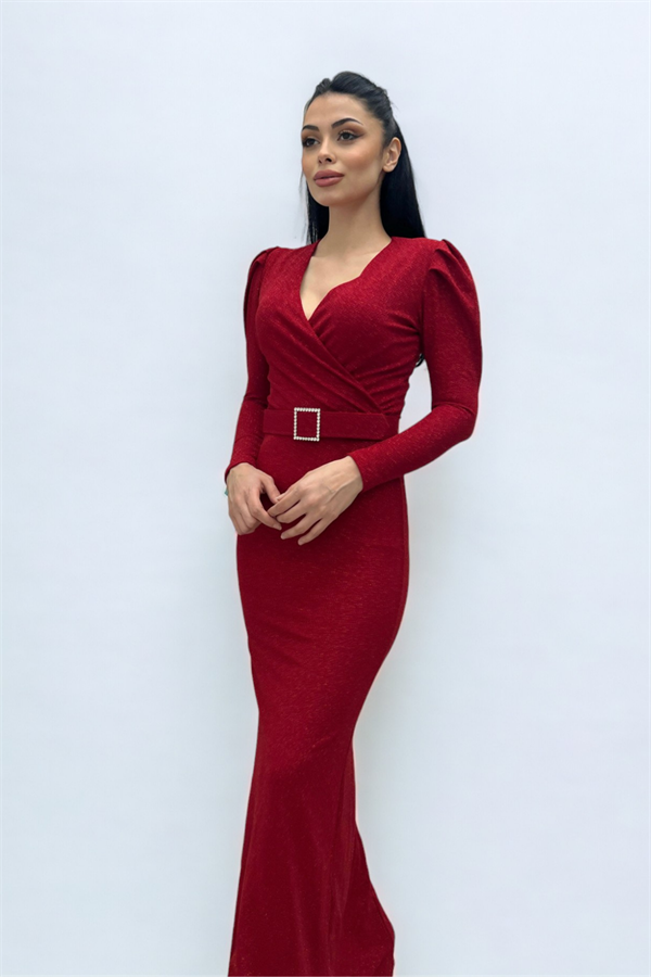 فستان بحزام بياقة مزدوجة الصدر - أحمر