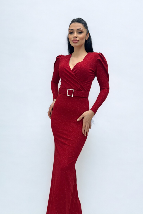 فستان بحزام بياقة مزدوجة الصدر - أحمر