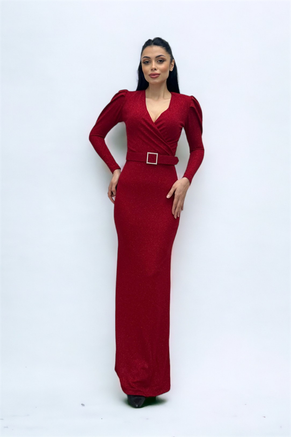 فستان بحزام بياقة مزدوجة الصدر - أحمر