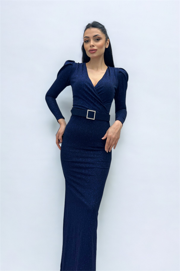 فستان بحزام بياقة مزدوجة الصدر - الأزرق الداكن