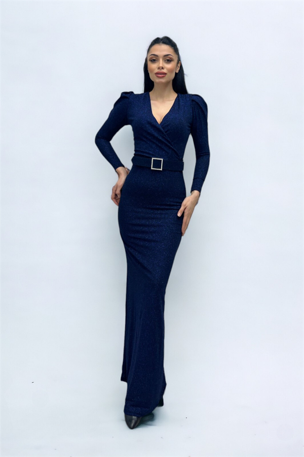 فستان بحزام بياقة مزدوجة الصدر - الأزرق الداكن