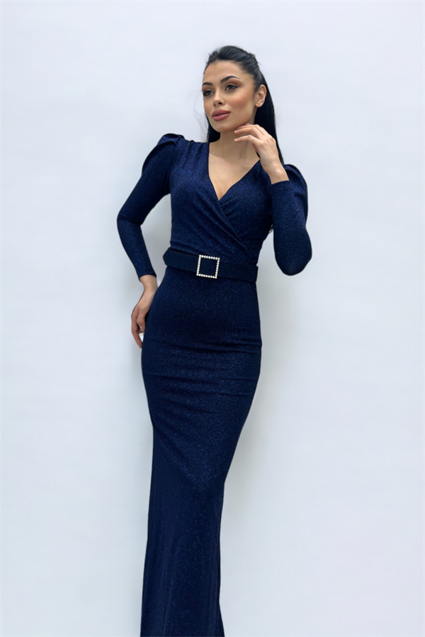 فستان بحزام بياقة مزدوجة الصدر - الأزرق الداكن