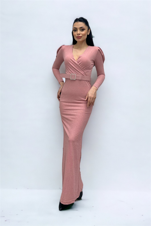 فستان بحزام بياقة مزدوجة الصدر - لون البودرة