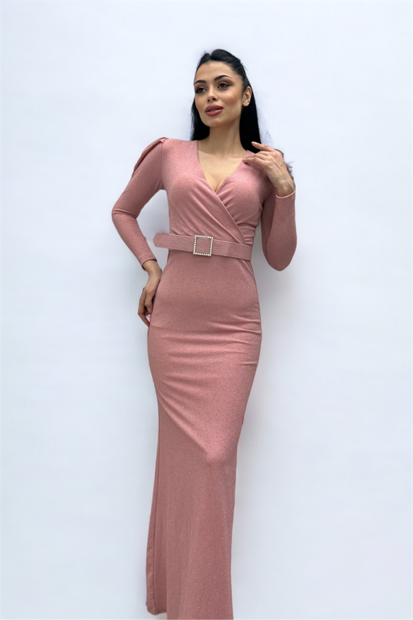 فستان بحزام بياقة مزدوجة الصدر - لون البودرة