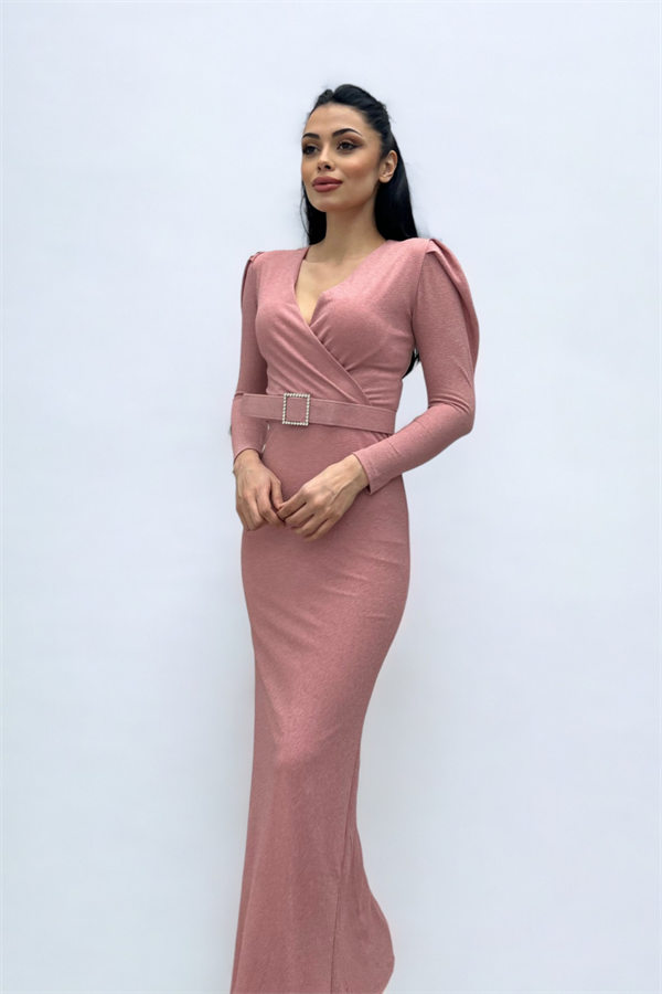 فستان بحزام بياقة مزدوجة الصدر - لون البودرة