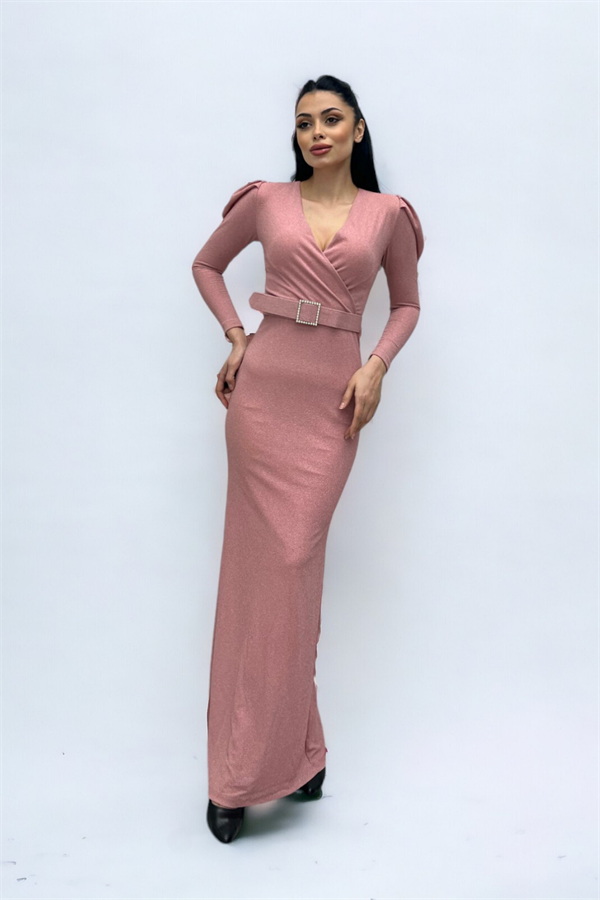 فستان بحزام بياقة مزدوجة الصدر - لون البودرة