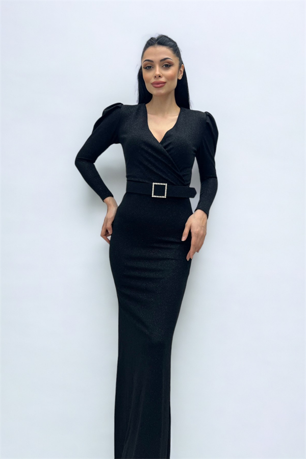 فستان بحزام بياقة مزدوجة الصدر - الأسود