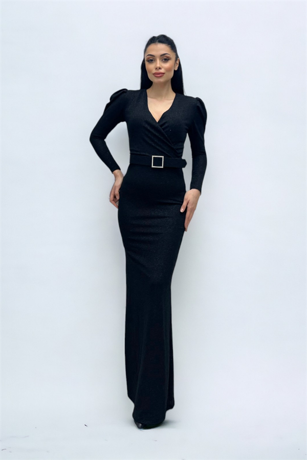 فستان بحزام بياقة مزدوجة الصدر - الأسود