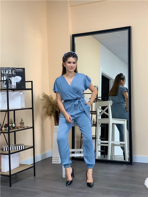 Double- Breasted Collar Belted Jumpsuit  - Blue