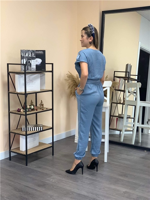 Double- Breasted Collar Belted Jumpsuit  - Blue