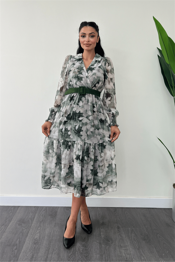 Kruvaze Yaka Şifon Kumaş Elbise - YEŞİL