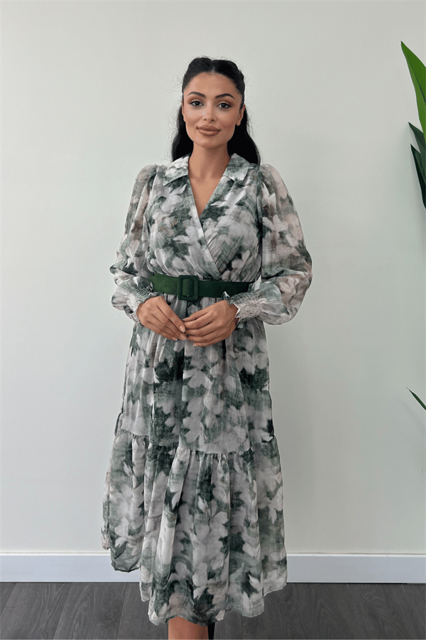 Kruvaze Yaka Şifon Kumaş Elbise - YEŞİL