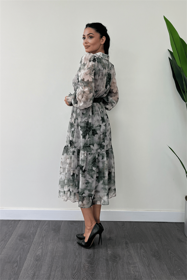 Kruvaze Yaka Şifon Kumaş Elbise - YEŞİL