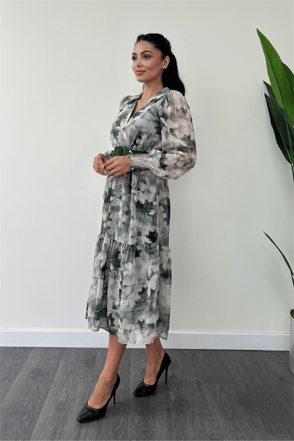 Kruvaze Yaka Şifon Kumaş Elbise - YEŞİL