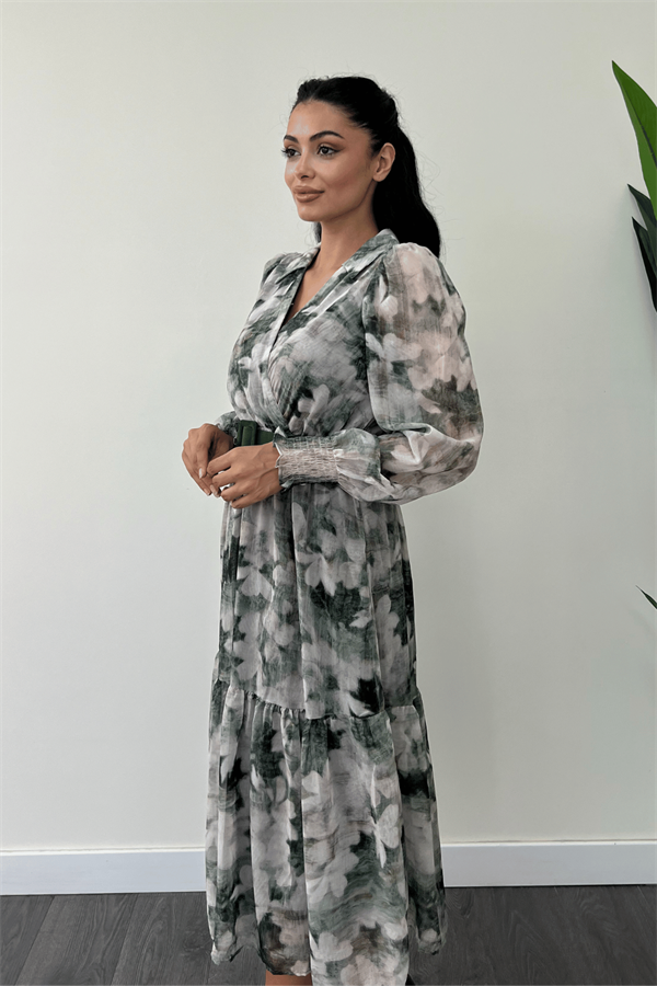 Kruvaze Yaka Şifon Kumaş Elbise - YEŞİL