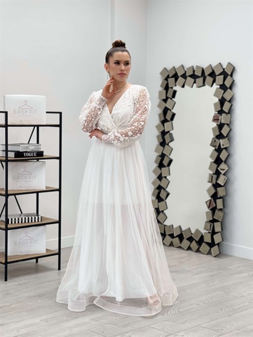 فستان قماش فضي مزدوجة الصدر بأكمام - الأبيض