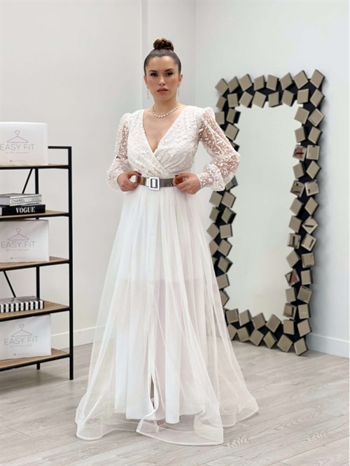 فستان قماش فضي مزدوجة الصدر بأكمام - الأبيض