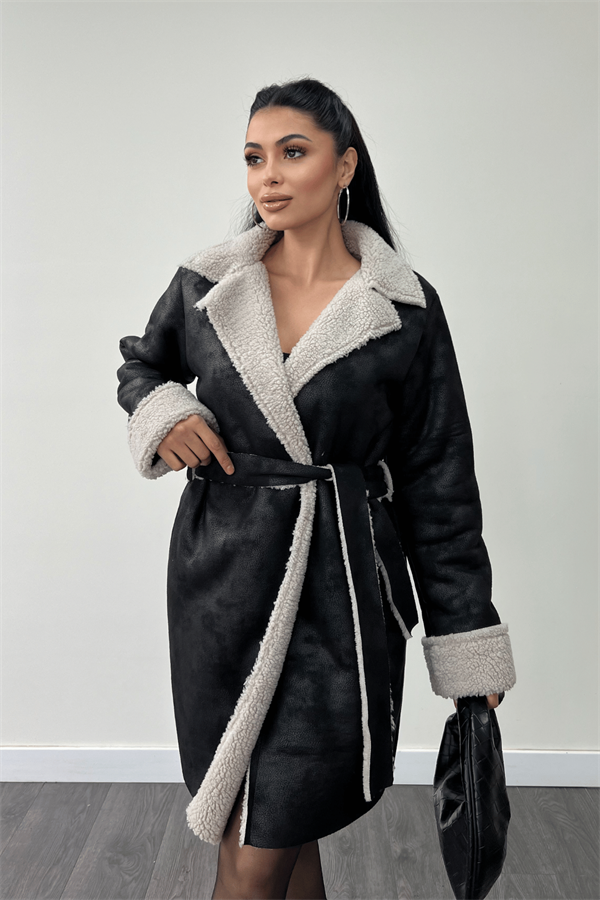 Kürklü Deri Kaban - SİYAH