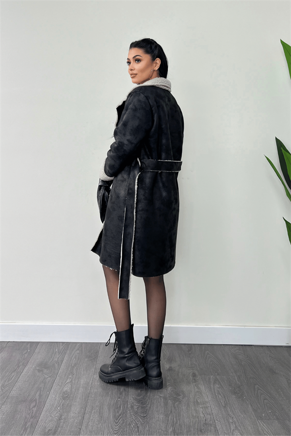 Kürklü Deri Kaban - SİYAH