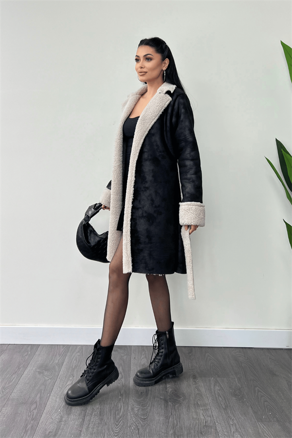 Kürklü Deri Kaban - SİYAH