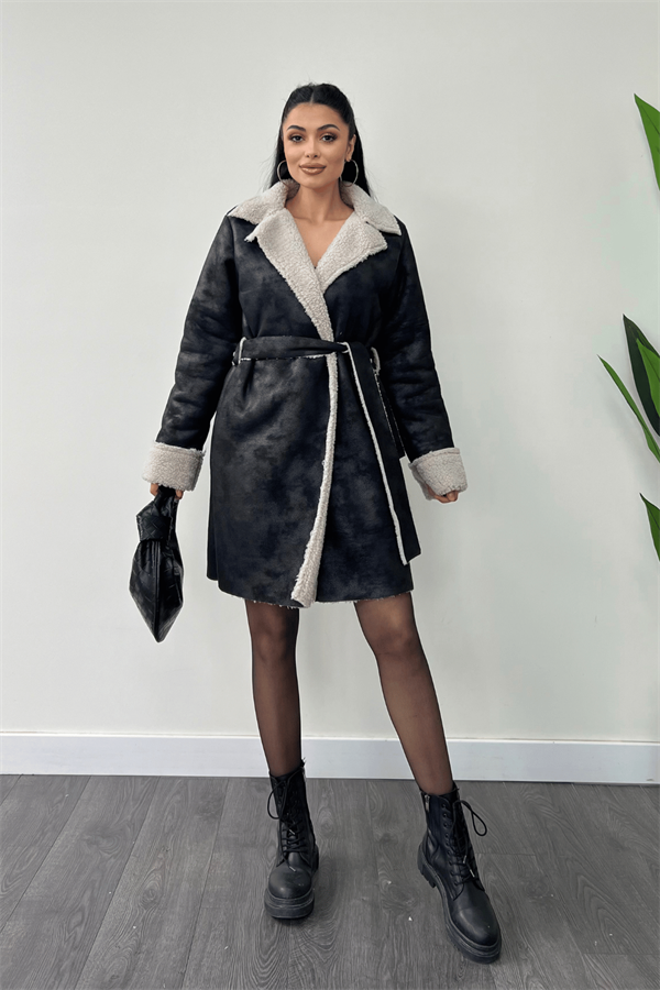 Kürklü Deri Kaban - SİYAH