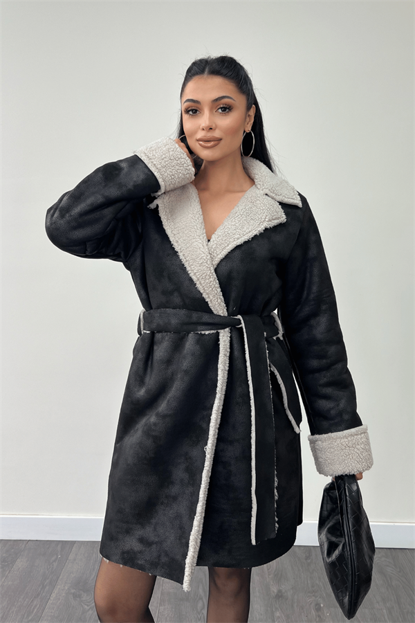 Kürklü Deri Kaban - SİYAH