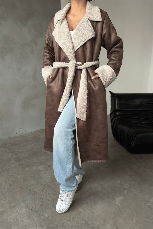 Kürklü Deri Maxi Boy Kaban - KAHVERENGİ