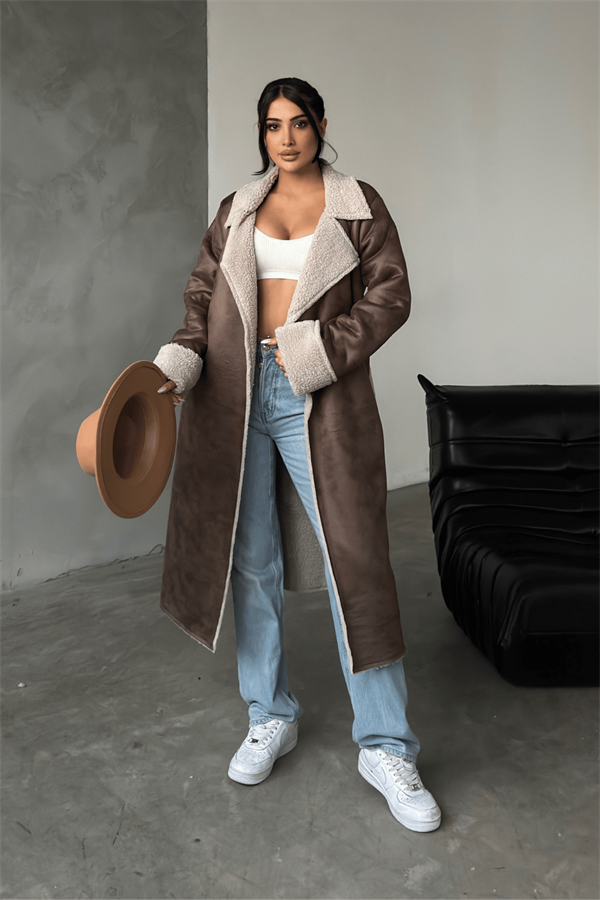 Kürklü Deri Maxi Boy Kaban - KAHVERENGİ