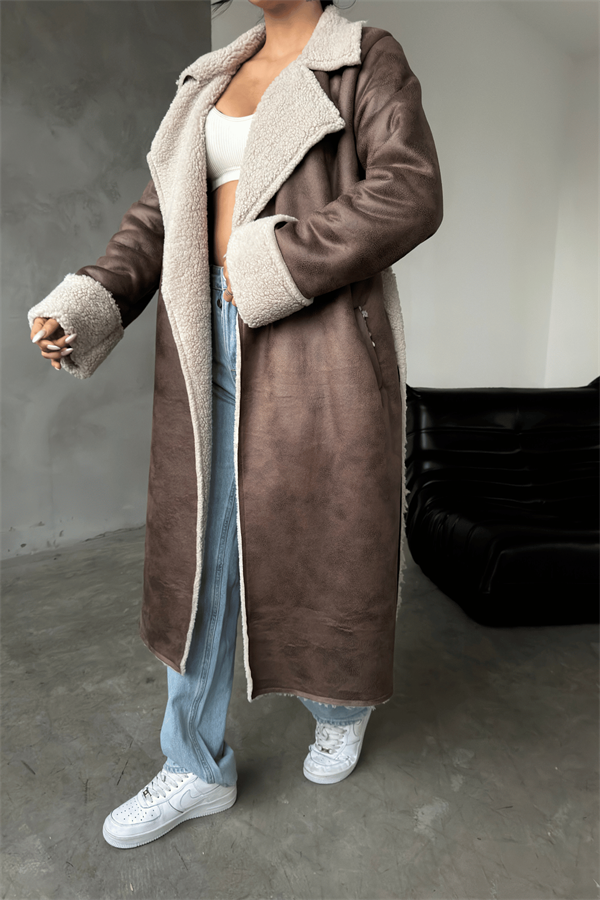 Kürklü Deri Maxi Boy Kaban - KAHVERENGİ