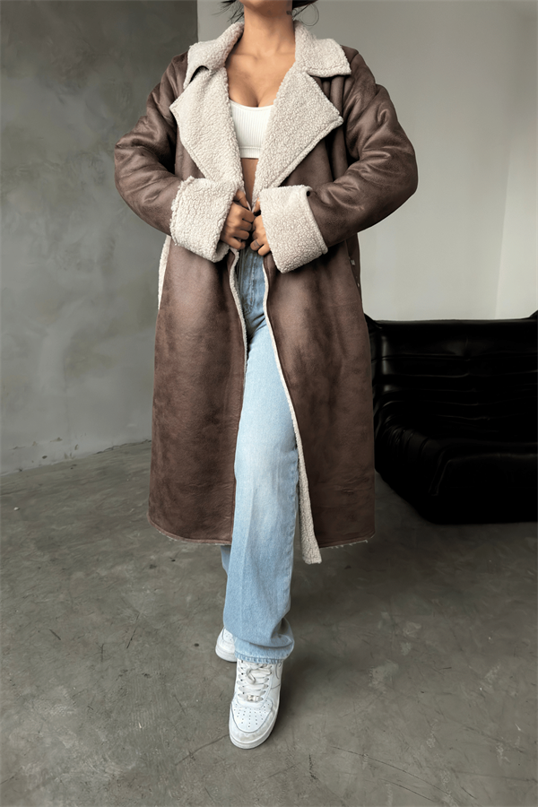 Kürklü Deri Maxi Boy Kaban - KAHVERENGİ