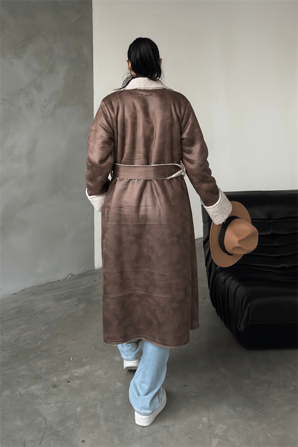 Kürklü Deri Maxi Boy Kaban - KAHVERENGİ