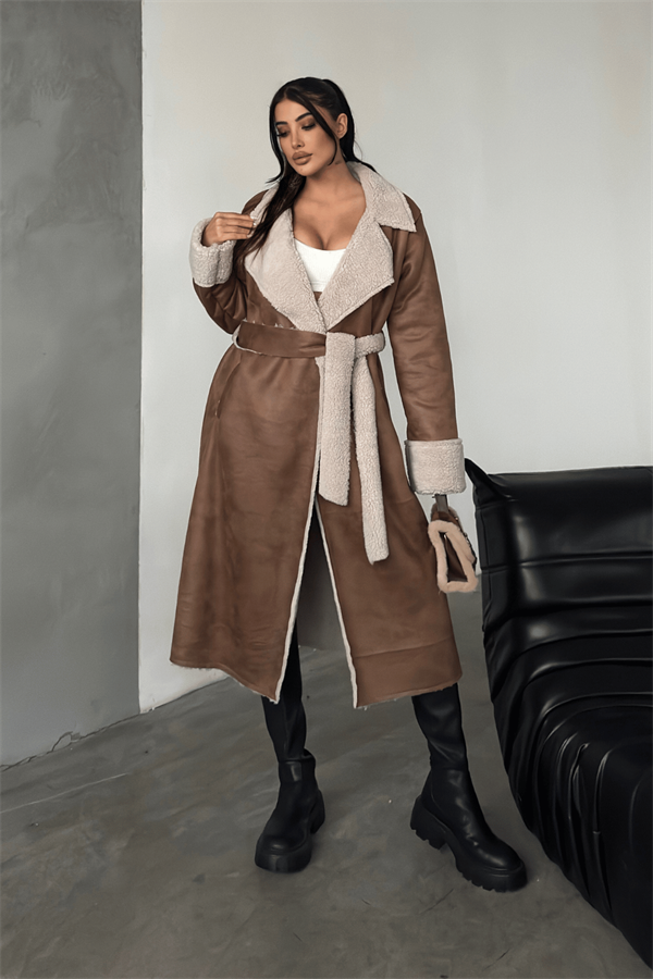 Kürklü Deri Maxi Boy Kaban - TABA