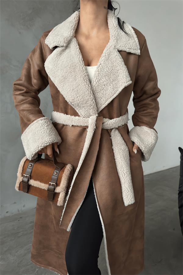 Kürklü Deri Maxi Boy Kaban - TABA