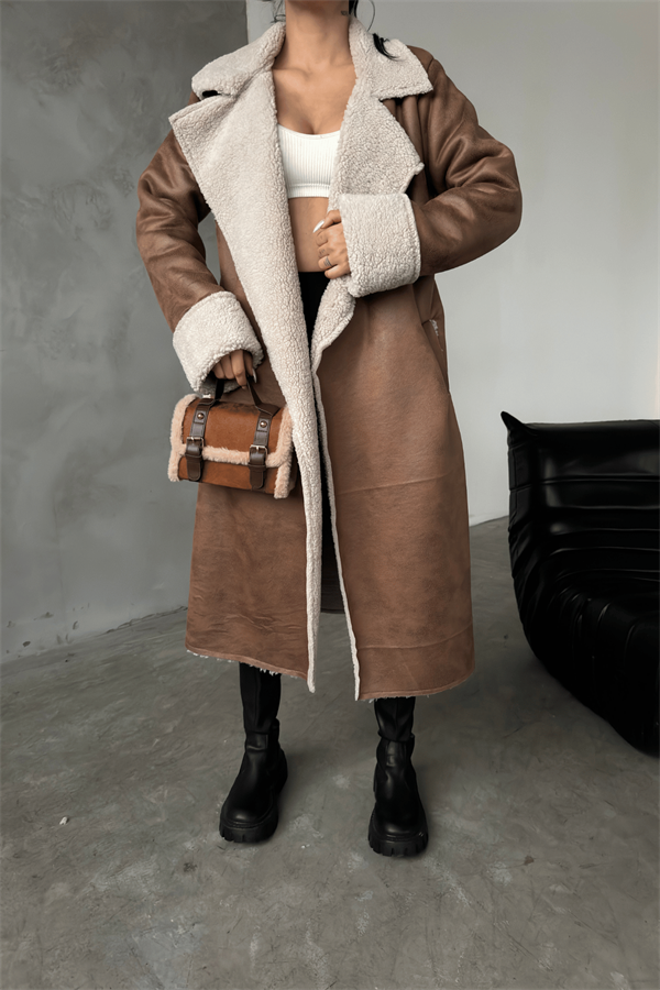 Kürklü Deri Maxi Boy Kaban - TABA