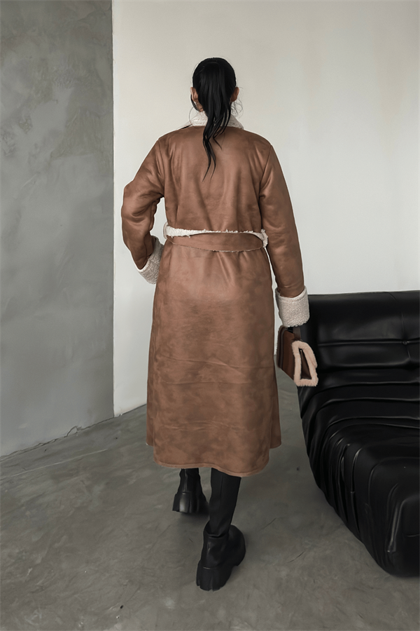 Kürklü Deri Maxi Boy Kaban - TABA