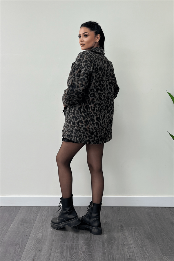 Leopar Desenli Kaşe Kumaş Kaban - KAHVERENGİ