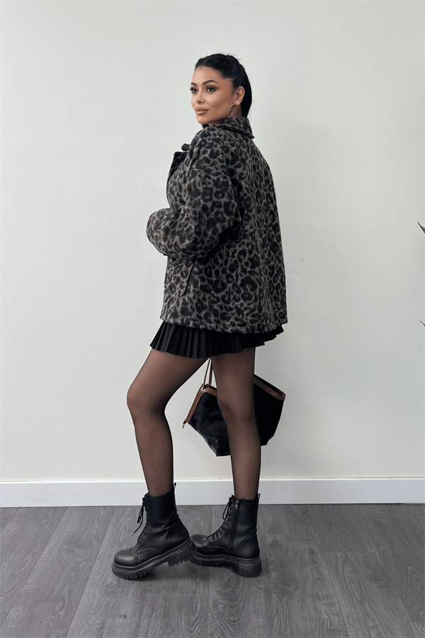 Leopar Desenli Kaşe Kumaş Kaban - KAHVERENGİ