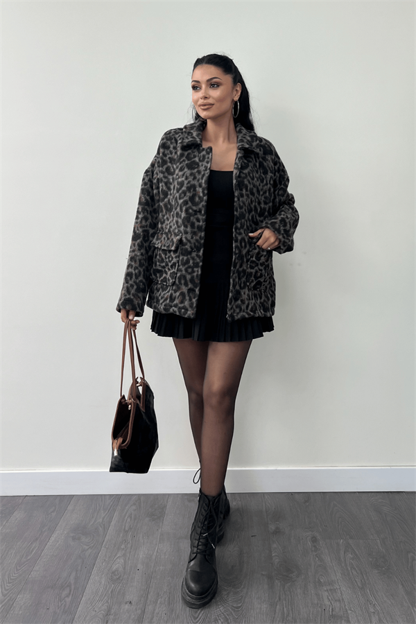 Leopar Desenli Kaşe Kumaş Kaban - KAHVERENGİ