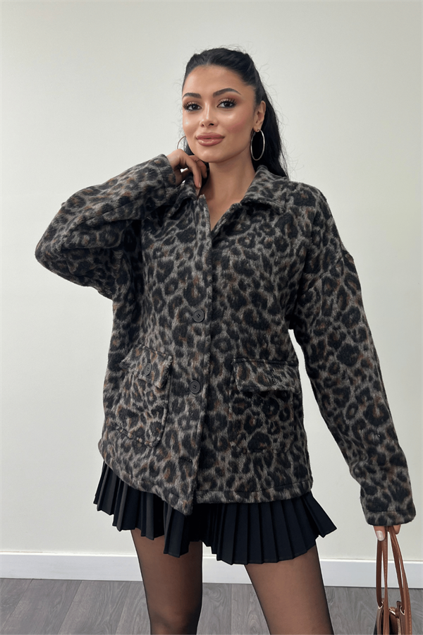 Leopar Desenli Kaşe Kumaş Kaban - KAHVERENGİ