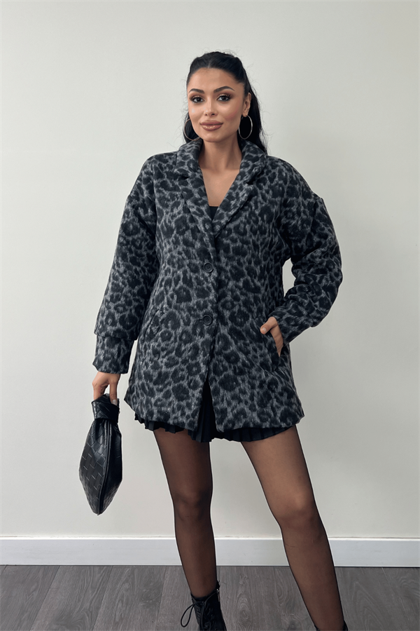 Leopar Desenli Kaşe Kumaş Kaban - SİYAH
