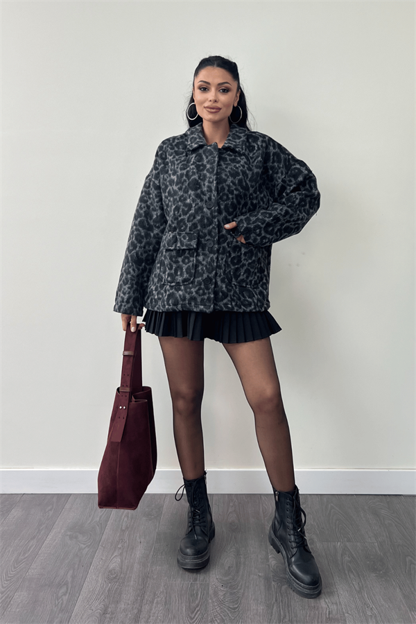 Leopar Desenli Kaşe Kumaş Kaban - SİYAH
