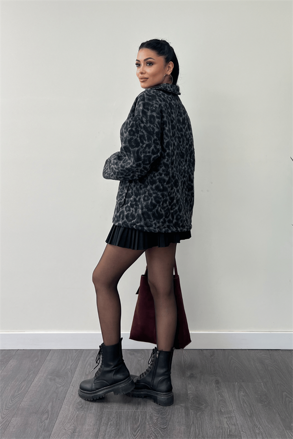Leopar Desenli Kaşe Kumaş Kaban - SİYAH