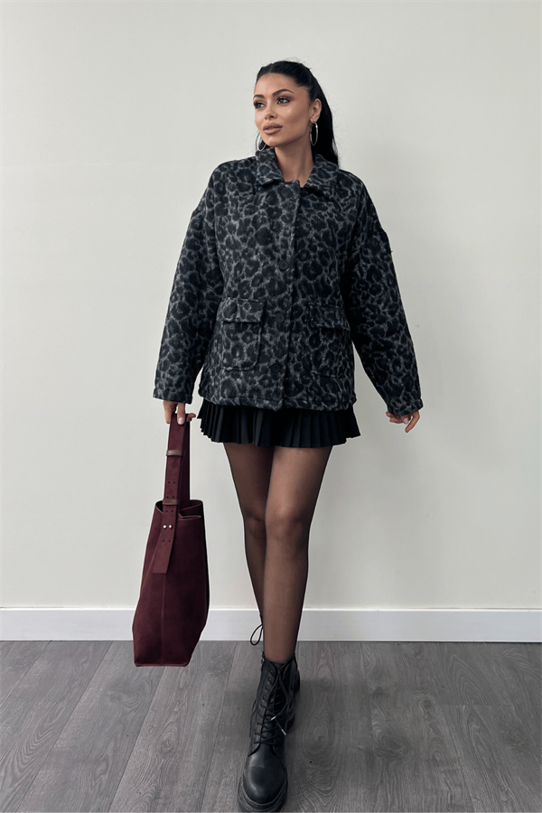 Leopar Desenli Kaşe Kumaş Kaban - SİYAH