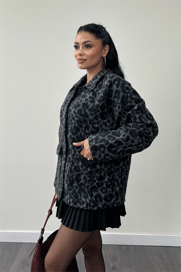 Leopar Desenli Kaşe Kumaş Kaban - SİYAH