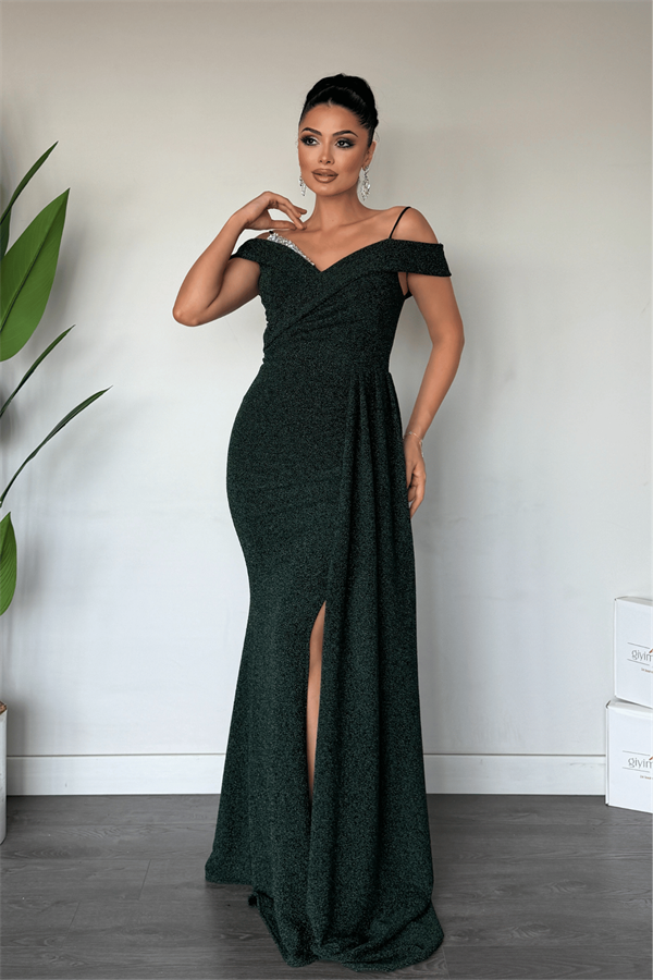 Metalik Kumaş Şal Detaylı Abiye Elbise - ZÜMRÜT YEŞİLİ