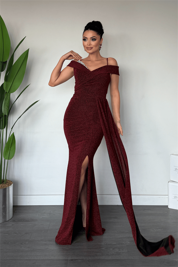 Metalik Kumaş Şal Detaylı Abiye Elbise - BORDO