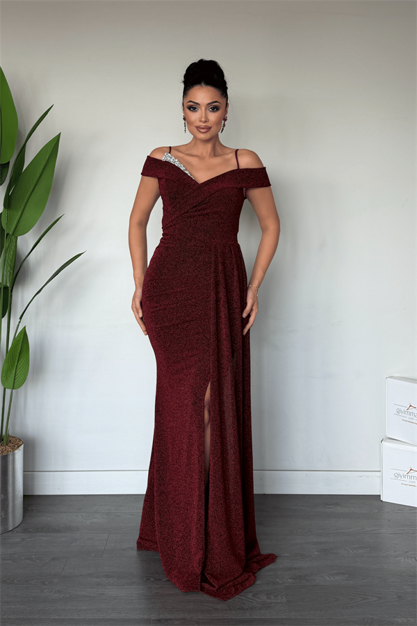 Metalik Kumaş Şal Detaylı Abiye Elbise - BORDO