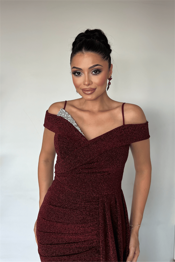 Metalik Kumaş Şal Detaylı Abiye Elbise - BORDO