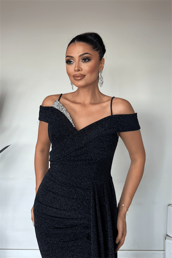 Metalik Kumaş Şal Detaylı Abiye Elbise - LACİVERT